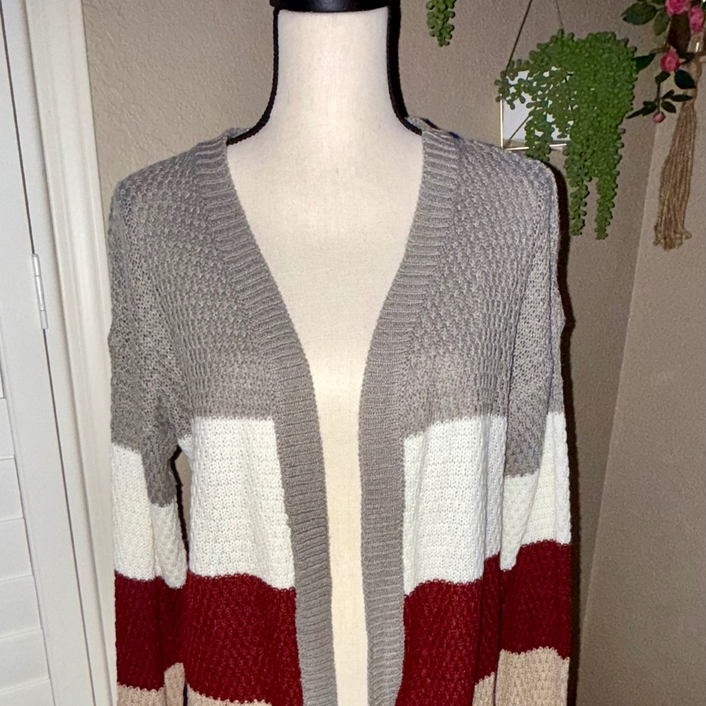 Cozy Love Change Striped Open-Front Cardigan - Women’s L, Neutral Tones
